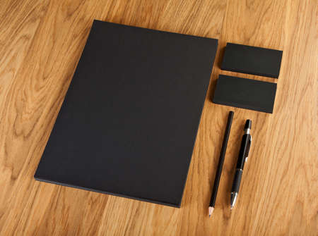 Blank Stationery on white background. Consist of Business cards, A4 letterheads, pen and pencilの写真素材