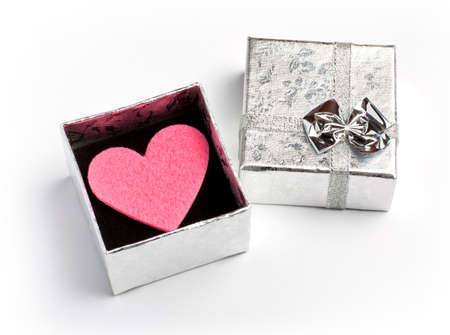 Valentines day toy hearts and gift box over white backgroundの写真素材