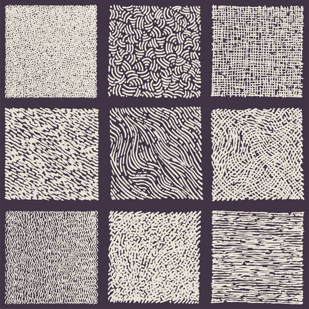 Set of hand drawn marker and ink patterns. Simple scratchy textures with dots, strokes and doodlesのイラスト素材