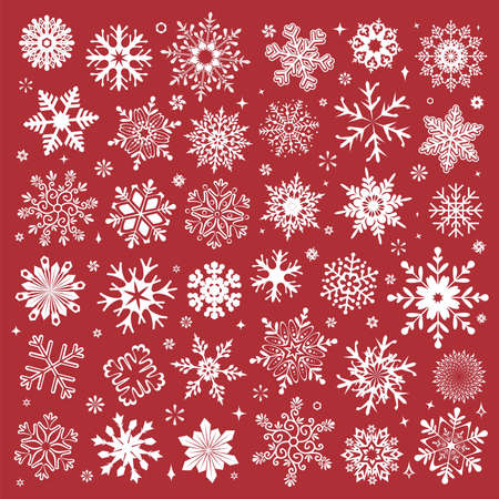 White snowflakes icon on red background. Collection graphic art for your design Merry Christmas and Happy New Yearのイラスト素材
