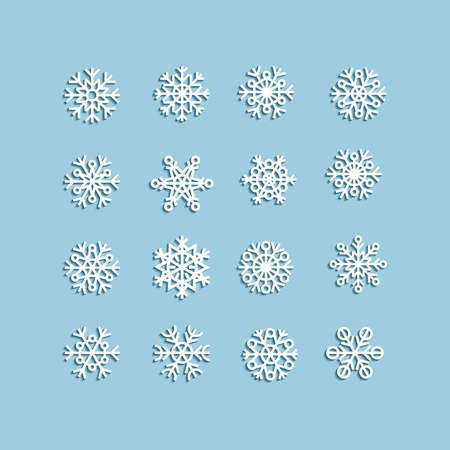 Collection of white christmas snowflakes in different shape on blue backgroundのイラスト素材