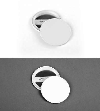 White Badges front and back view on a white and gray background