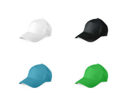 Set of colored baseball caps on a white backgroundの写真素材