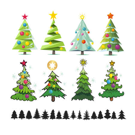 Set of different elegant christmas trees. Design elements of stylized fir trees in several variants isolated on white. Christmas trees vector collection.のイラスト素材
