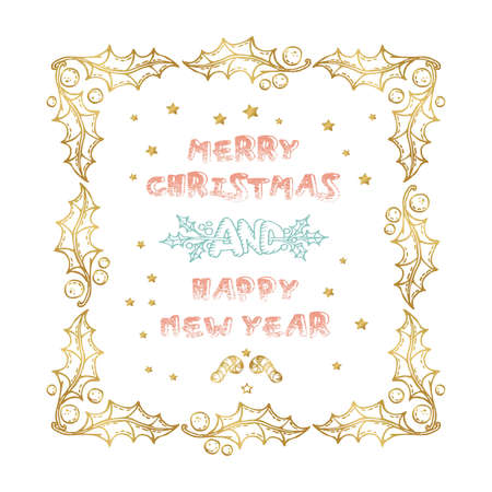 Merry Christmas and Happy New Year words on white background. Celebration poster, banner or card with beautiful text and branchのイラスト素材