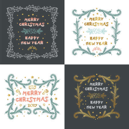 set of Christmas cards with Christmas decorations. Hand drawnのイラスト素材