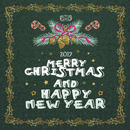 Merry Christmas and Happy New Year words on green background. Celebration poster, banner or card with beautiful text and branchのイラスト素材