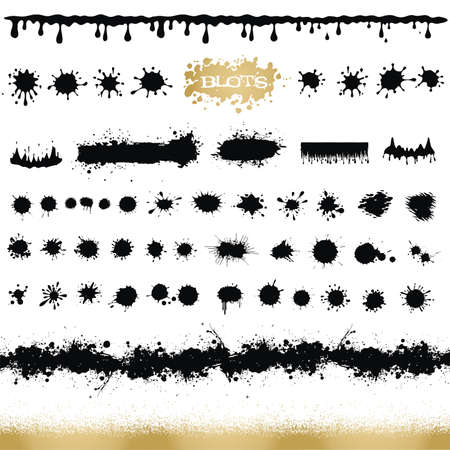 Vector set of black and white ink splash, blots and brush strokes, isolated on the white background. Series of vector splash, blots, brush strokes and elements for design.のイラスト素材