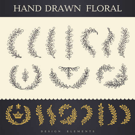 Set of hand drawn vector flowers and branches with leaves. Floral collection. Decorative elements for design. Vintage styleのイラスト素材