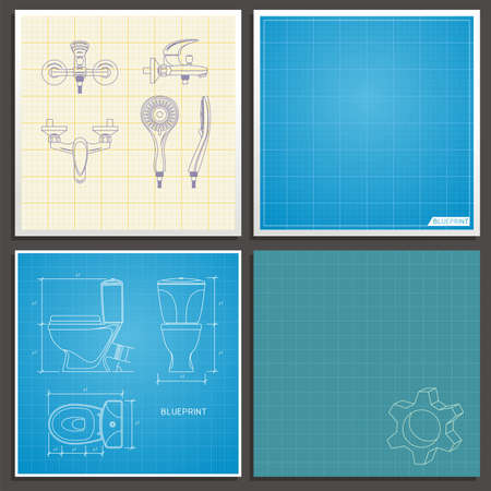 Toilet bowl and faucet outline. Front, side and top view. Vector illustration on blueprint のイラスト素材