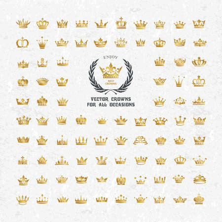 Vector collection of creative king and queen crowns symbols or logo elements. Set of Geometric vintage crownのイラスト素材