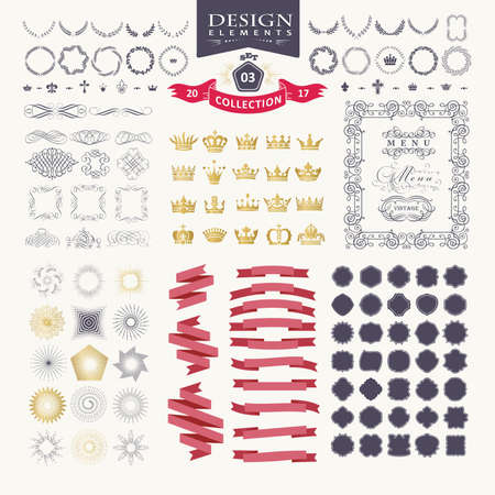 Premium design elements. Great for retro vintage logos. Starbursts, frames, crowns, laurels and ribbonsのイラスト素材