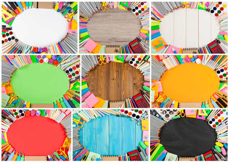 Set of school supplies frames on different backgroundの写真素材