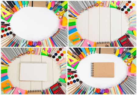 Set of school supplies frames on different backgroundの写真素材