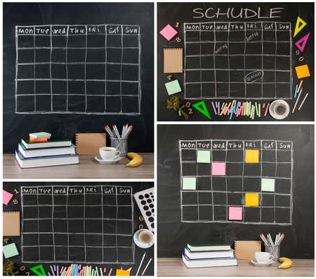 Grid timetable schedule with stationery on black chalkboard backgroundの写真素材
