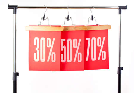 Red paper price labels 30, 50, 70 percent sale offの写真素材