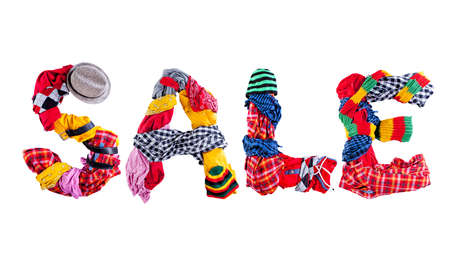 Sale sign made of clothes isolated on white backgroundの写真素材