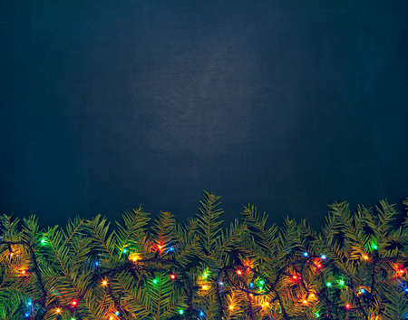 Decorated Christmas tree with Multi-Color Small Light Bulb on black background with copy spaceの写真素材