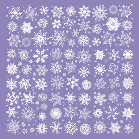 White snowflakes collection isolated on purple background. Snow icons, snow flakes silhouette. Element for christmas banner, cardsのイラスト素材