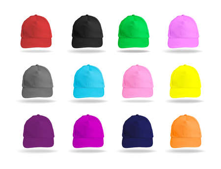 Set of colored baseball caps on a white backgroundの写真素材