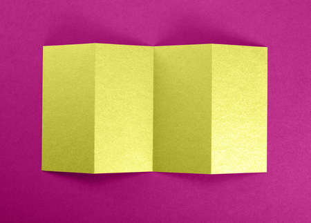 Mockup of opened four fold brochure at pink backgroundの写真素材