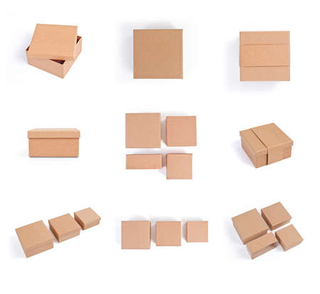 Set of cardboard boxes for packaging on a white backgroundの写真素材