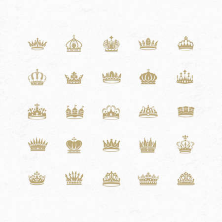 Vector collection of creative king and queen crowns symbols or logo elements. Set of Geometric vintage crownのイラスト素材