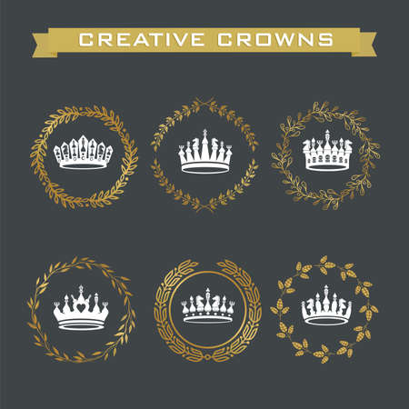 Vector collection of creative king and queen crowns symbols or logo elements. Set of Geometric vintage crownのイラスト素材