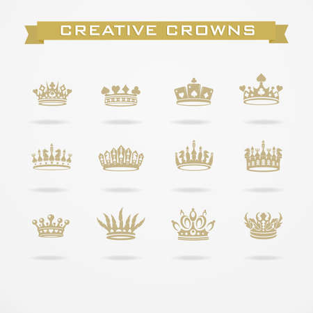 Vector collection of creative king and queen crowns symbols or logo elements. Set of Geometric vintage crownのイラスト素材