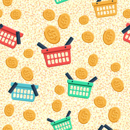 Shopping basket and coin flat icons. Seamless pattern backgroundのイラスト素材