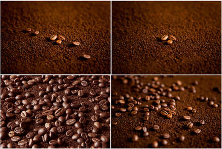 Coffee beans on coffee powder. Macro shotの写真素材