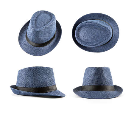 Set of blue hats isolated on white. Front, top, side view