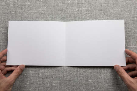 Mens hands holding empty white booklet on gray background. View from aboveの写真素材