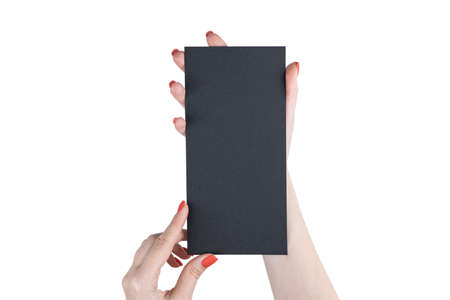 A woman holding black booklet. Identity template