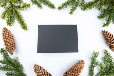 Christmas framework with evergreen fir tree, cones and white card for text