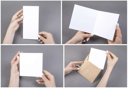 A woman holding white booklet. Identity template