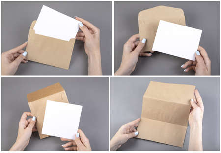 A woman holding a white post cardの写真素材