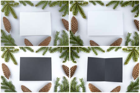 Christmas framework with evergreen fir tree, cones and black card for textの写真素材