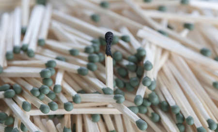 Heap of matches with green heads on a white backgroundの写真素材