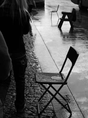 Close-up shot of a weathered street bench on the promenade.の写真素材