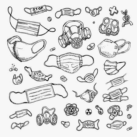 Set of medical mask to protect against infection and polluted air.のイラスト素材