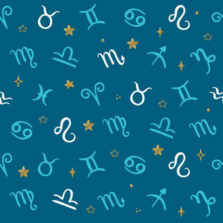 Horoscope symbols seamless pattern with hand drawn Zodiac Signs.のイラスト素材