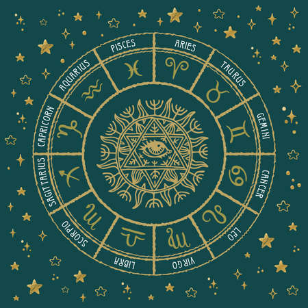 Horoscope circle with sun,moon,star and zodiac signs.のイラスト素材
