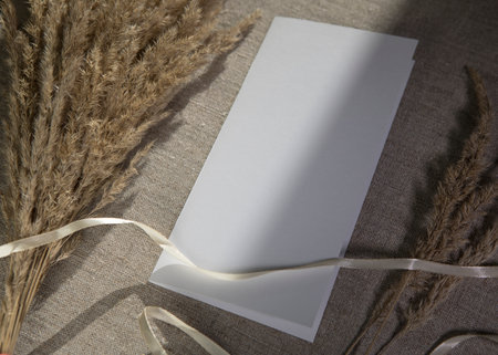 Flat lay composition with blank paper on white background. Top view from above, copy spaceの写真素材