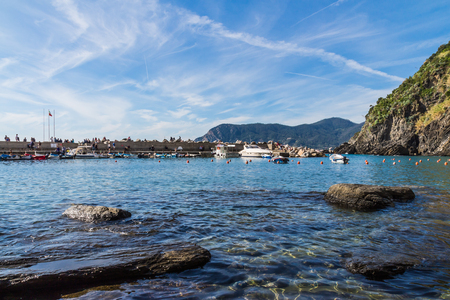 VERNAZZA, ITALY - OCTOBER 20, 2015: The view at Vernazza's small harbour in Vernazza, Cinque Terre, Liguria, Italyのeditorial素材