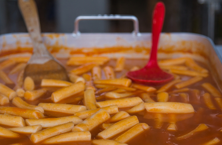 Tteokbokki, a popular Korean food, on the trayの写真素材