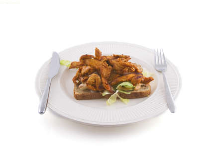 Roasted chicken on a sandwich and plate.の写真素材