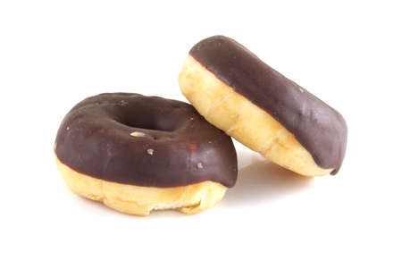 Two chocolate donuts on a white background.の写真素材