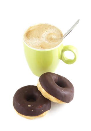 Two donuts and coffee on a white background.の写真素材