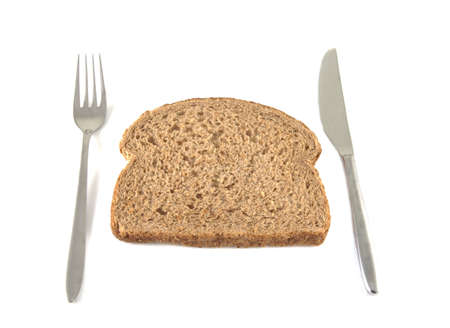Bread and cutlery on a white background.